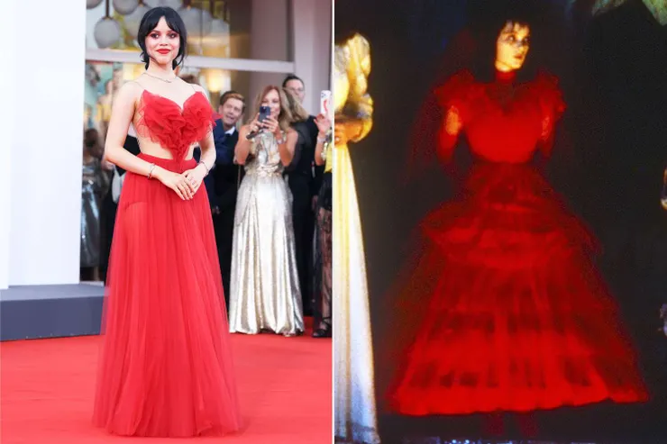 ▲ Jenna Ortega 在 2024 威尼斯影展紅毯重現劇中 Winona Ryder 的婚紗造型。 圖片來源：WARNER BROS.