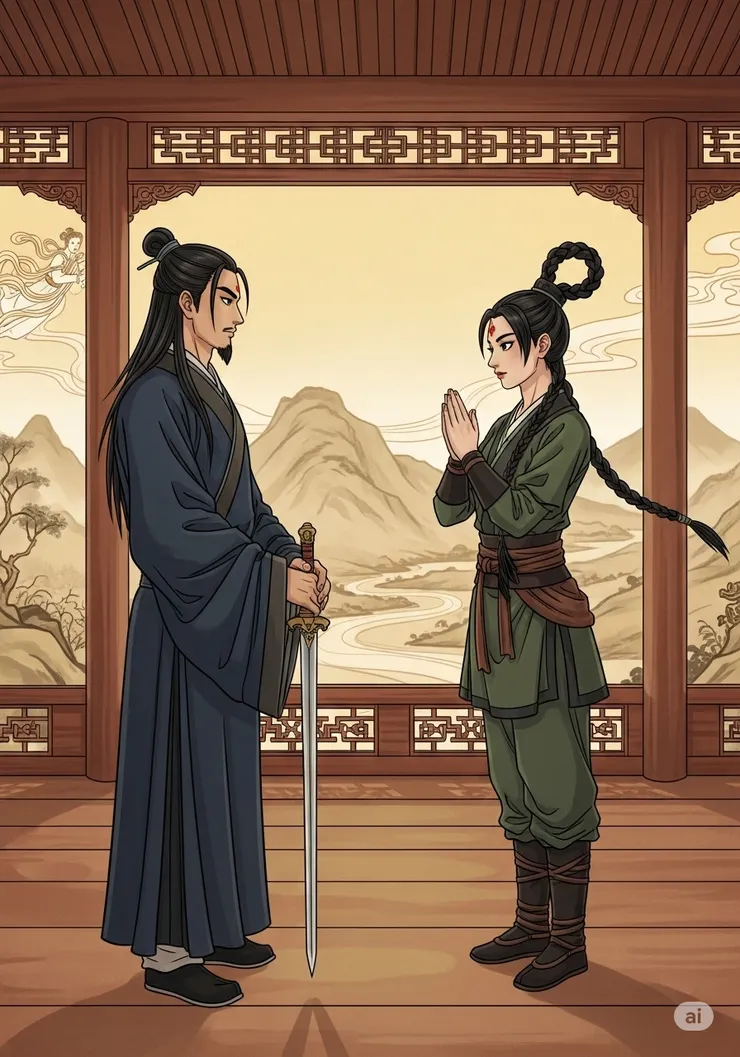 遙遠的江湖中，有兩位傳奇人物，一位是武當派的李慕白，他的劍法如行雲流水，心性高潔。另一位是鏢局的俞秀蓮，她身手矯健，俠肝義膽。他們彼此敬重，心中隱約有著一份難言的情誼。