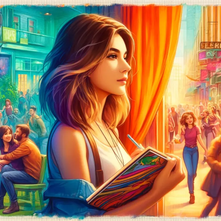 The woman's gentle, thoughtful gaze rested on a tattered sketchbook.