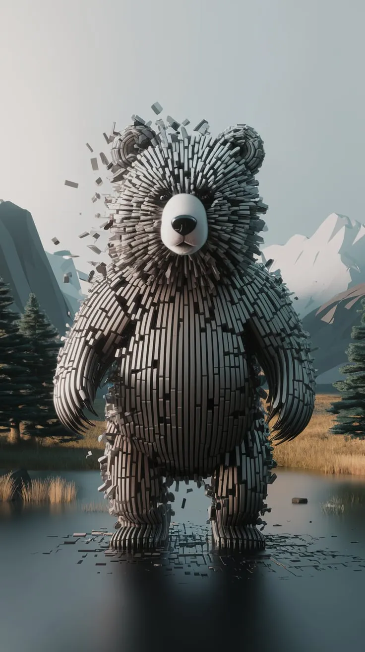 A 3D illustration of a fluffy bear made of disintegrating lines fragmenting in the air. The bear is composed of vertical lines of varying thickness. The background is a serene landscape with mountains, trees, and a body of water. The overall image has a slightly surreal quality, as if it were created in Unreal Engine.