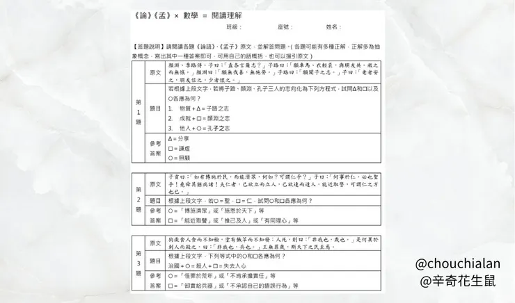 圖二、「論孟×數學=閱讀理解」學習單