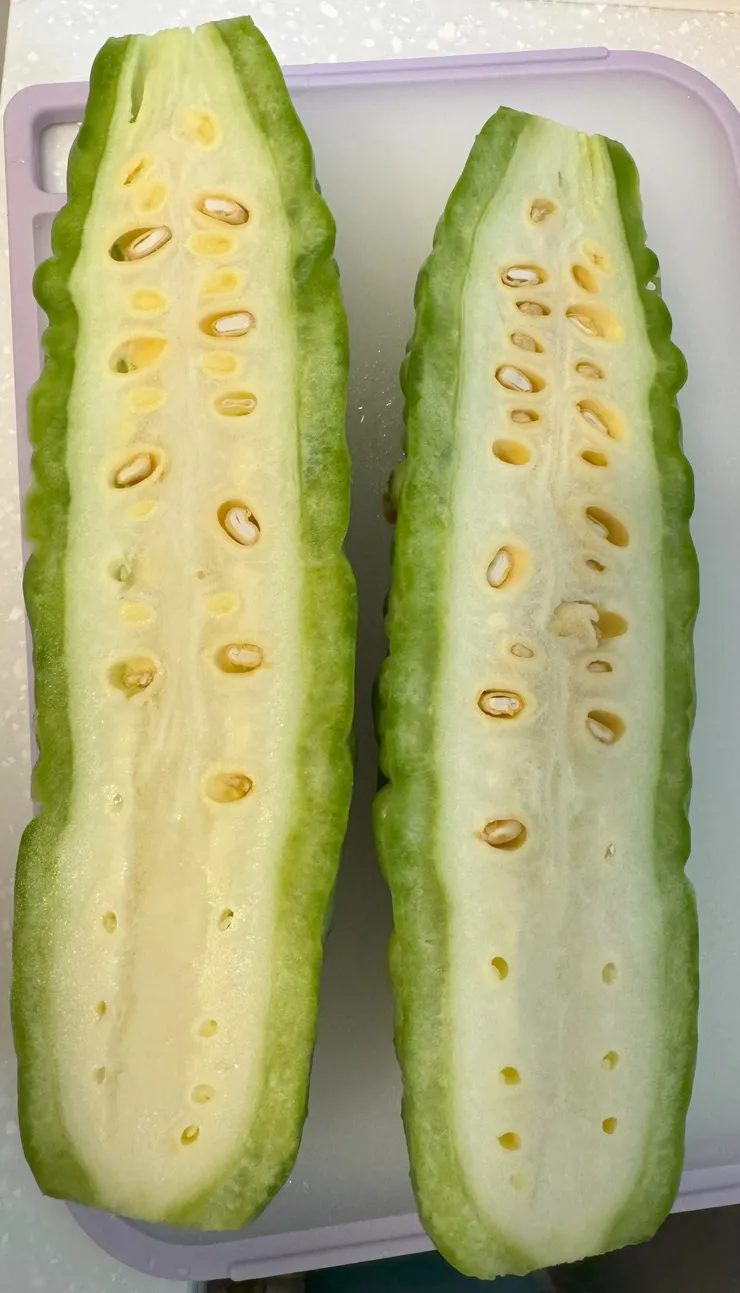剖開後的苦瓜，中間是白色的，用湯匙就可以很輕鬆的刮除