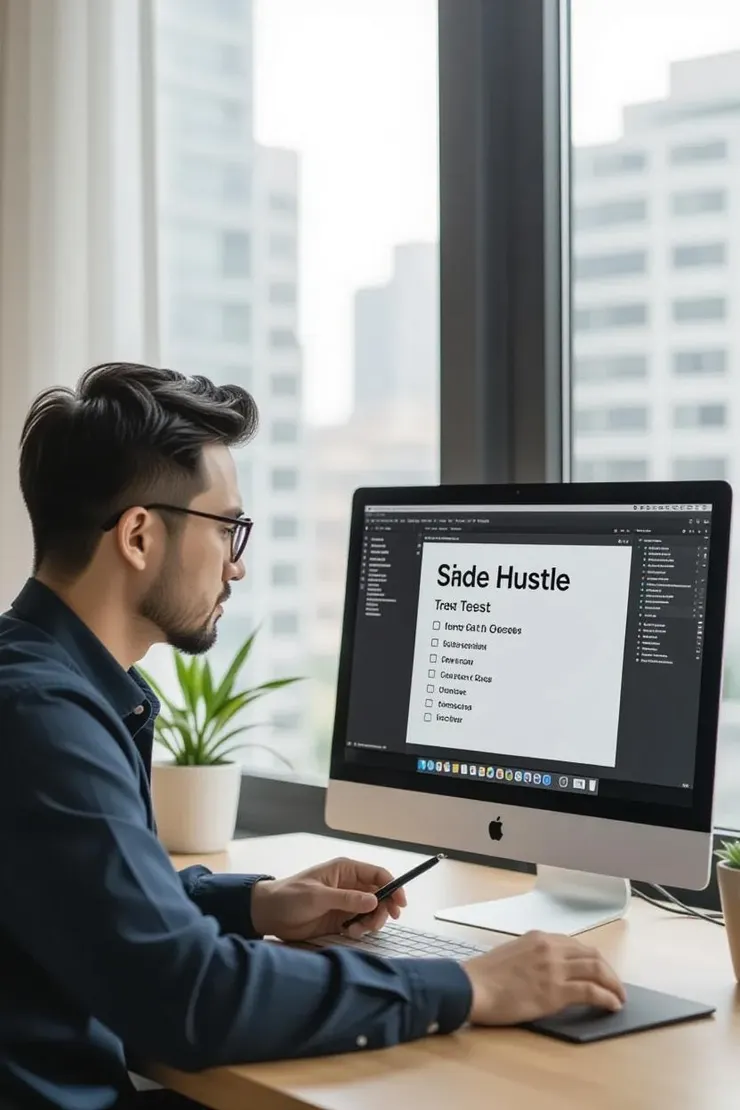 中年上班族在電腦前做副業測驗,思考是否需要備胎收入