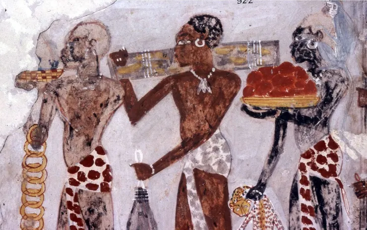 描繪努比亞人進貢黃金、黑檀木與非洲動物給圖特摩斯四世的古埃及壁畫(大英博物館館藏)