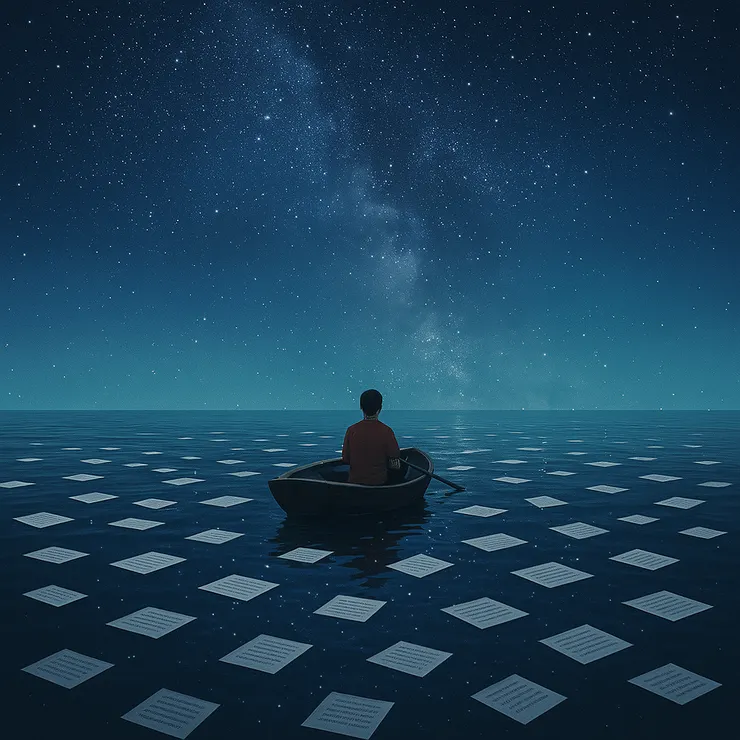 星空上的是語言，海面上的也是語言，上下倒映著。