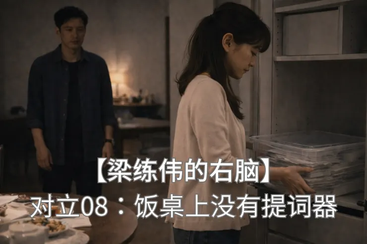 白小姐把婚礼资料收进透明盒子，梁练伟站在客厅里看着