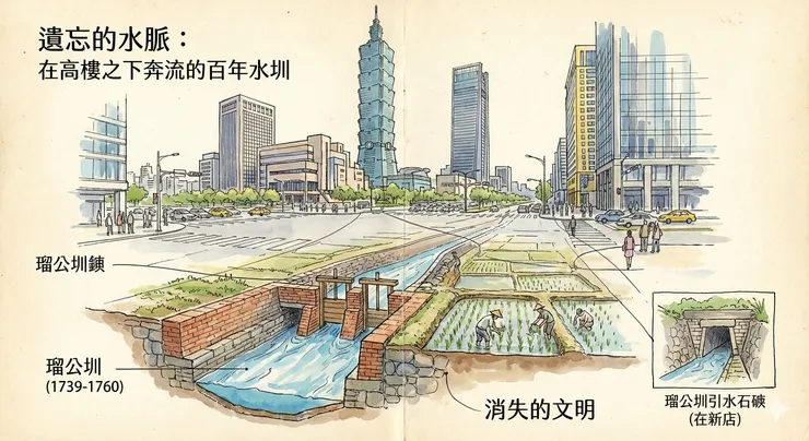 在高樓之下奔流的百年水圳