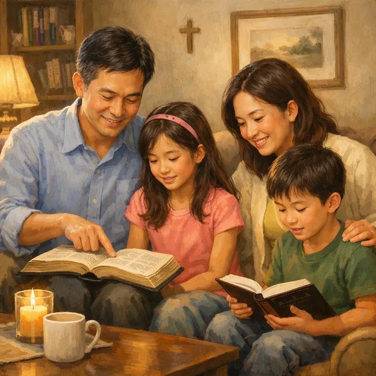 家人共讀聖經的溫馨時光