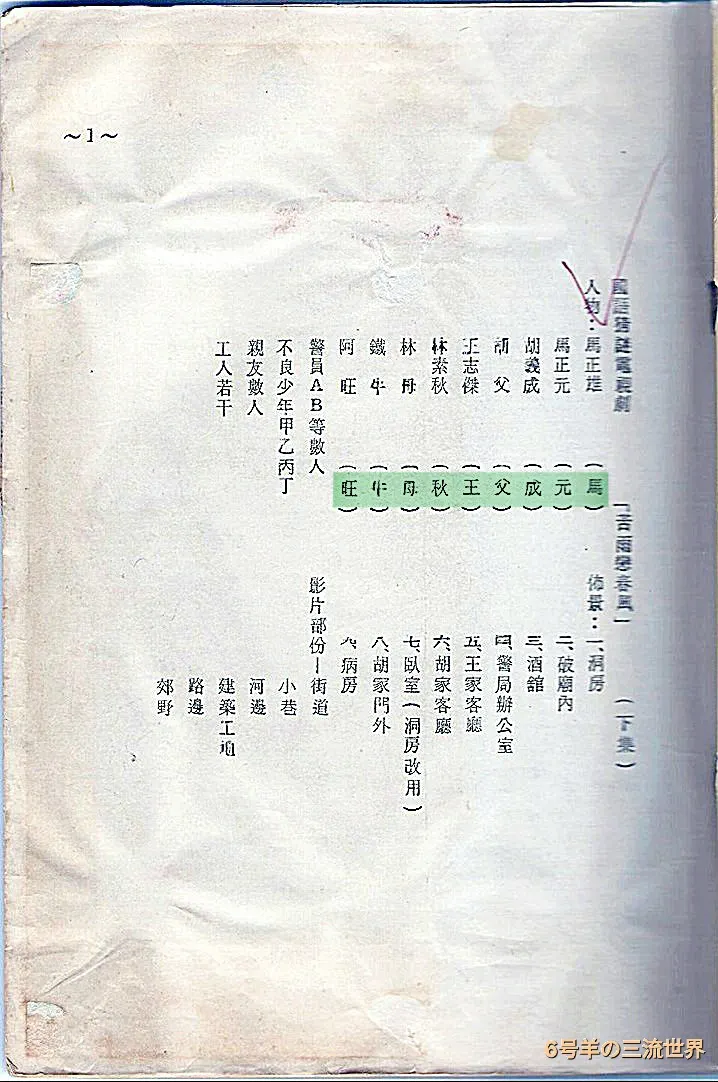 鉛字排印劇本以單字代稱角色（綠色框線處）