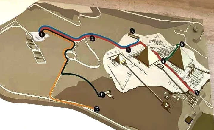 基本上搭紅線就可以了！第一站是主入口兼展示廳，第五站是人面獅身像(也有一個出入口)