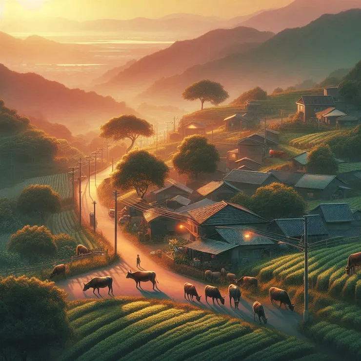 羊隊和牛群告別了田野回家了