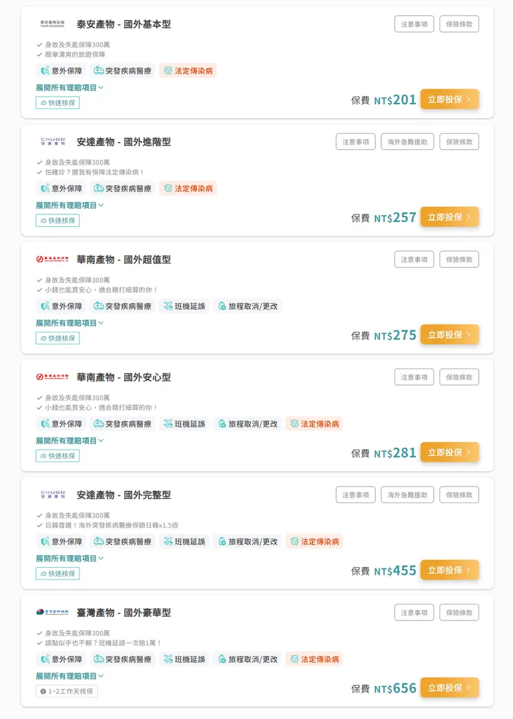 確認上述需求後，就會顯示各種不同的保險方案