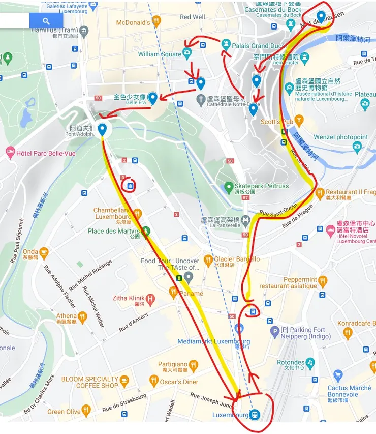 順遊地圖有搭公車和輕軌 ,徒步經過地形差