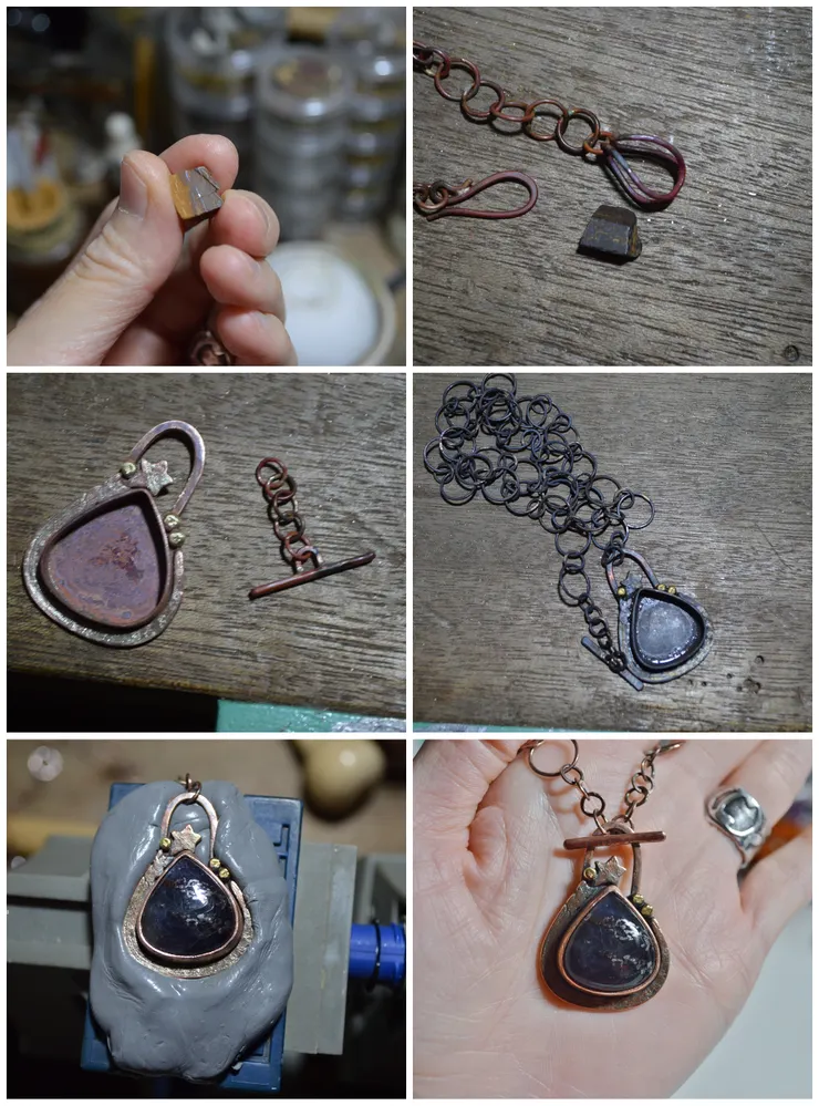 鍊子跟墜子連接起來後把寶石鑲上去的過程