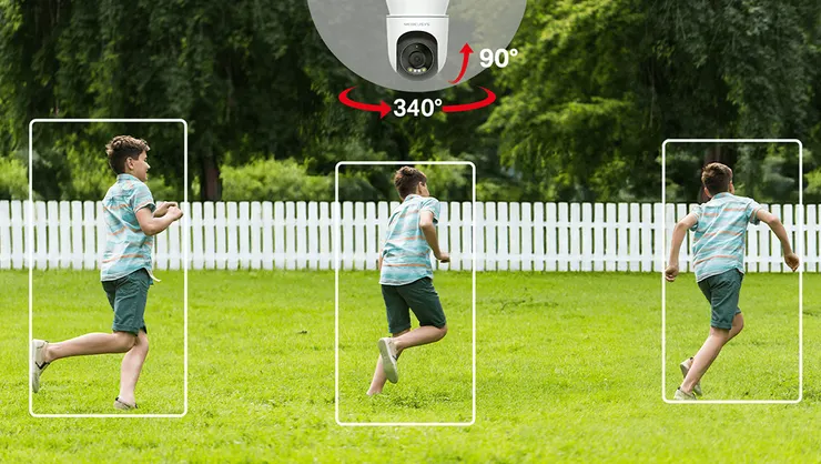 MC510 戶外全彩旋轉式 Wi-Fi 攝影機清晰 2K QHD 畫質，搭配 360° 全景視野，輕鬆掌握大門、庭院、車庫甚至透天騎樓的每個角落。