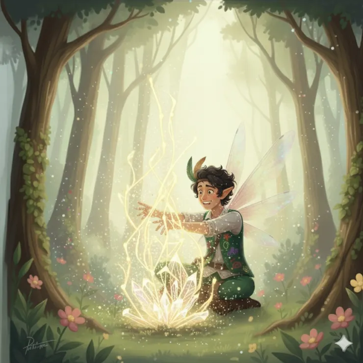 主角雙手輕輕地托著一個由無數發光數據點和線條構成的、精緻而穩固的魔法裝置。這個裝置彷彿是從地底緩緩升起，根基穩固，結構清晰。他的臉上露出輕鬆而自信的微笑，周圍的環境從之前的混亂轉為整潔，明亮的光線從裝置中心散發出來，照亮了整個畫面。