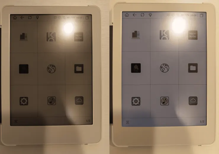 麥克認為Meebook M6C的彩屏偏暗(左),沒有前光輔助便難以使用。麥克個人習慣是開冷光三格左右(右)