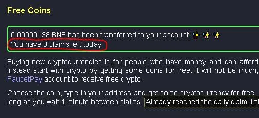 Get Free Crypto! 按下去,就直接出金了。這是幣雕的BNB 出金畫面,今天已經剩 "0次" 可以Claim 了