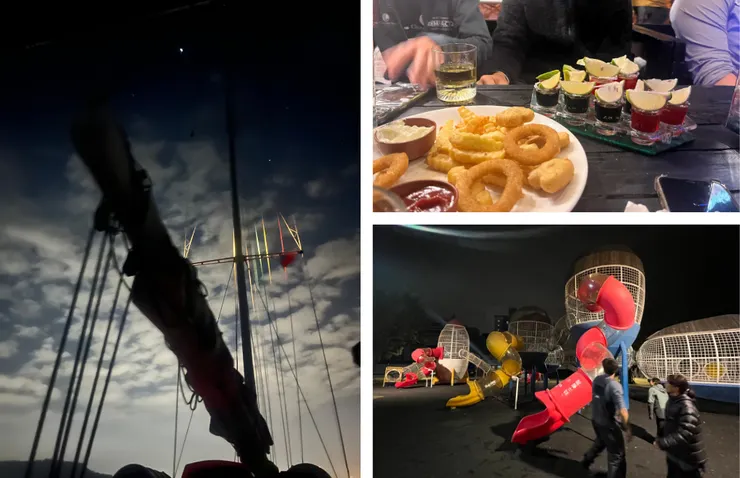 左:準備進港口,疲憊而激動;右上:酒吧小吃;右下:遊樂場發瘋