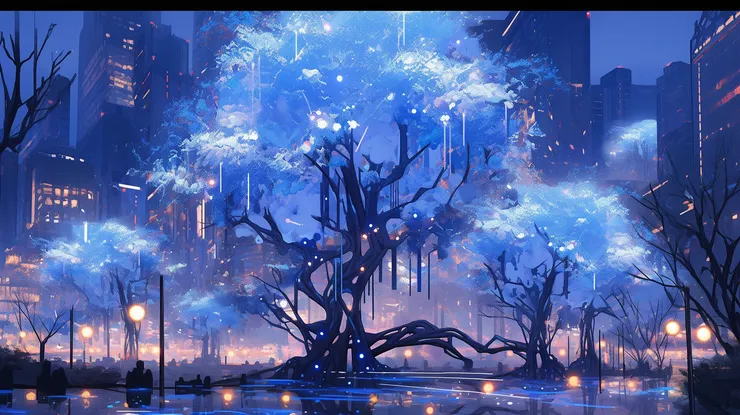 Mechanical Trees, Growing in the central park of a futuristic city, The leaves of these trees are solar panels, emitting a soft blue glow at night --ar 16:9