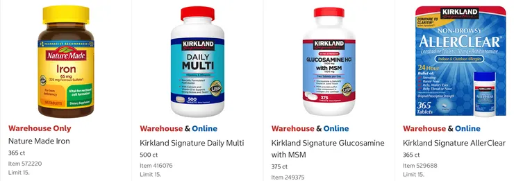 Nature Made 鐵劑 $9.07、Kirkland 每日維他命 $16.99、Kirkland 維骨力 $16.99、Kirtland 抗過敏藥 $9.99。