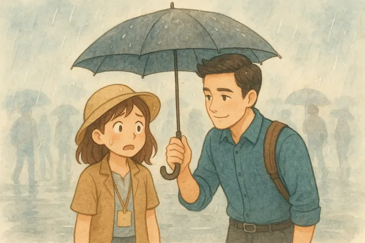 暴雨突襲,兩人共撐一把傘,在雨聲中,隱約夾雜著心動與心跳。〈本插圖示意圖由AI協助生成。〉
