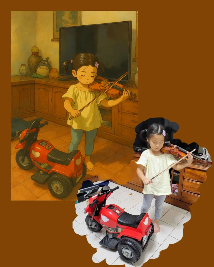 難得捕捉到這麼恬靜的練習小提琴畫面...