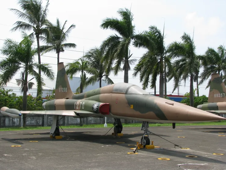中華民國空軍的F-5A除役展示機，翼端副油箱可見蜂腰設計