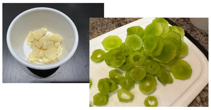 蒜頭、萵筍切片，萵筍不要切太厚，避免煮太久口感變不脆