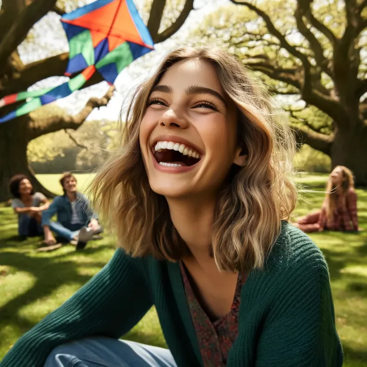 She was sitting on the grass at the local park, surrounded by friends and the dappled shade of old oak trees.