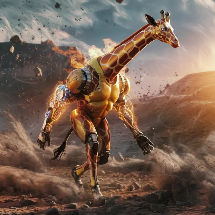 A dramatic scene of a robot giraffe with a human-like body in shiny gold and orange, walking across a landscape of swirling dust and flying pebbles. The giraffe has strong muscles, arms adorned with metal plates and glowing bioenergy tubes, and is ablaze with flames. The sun casts a dramatic shadow.