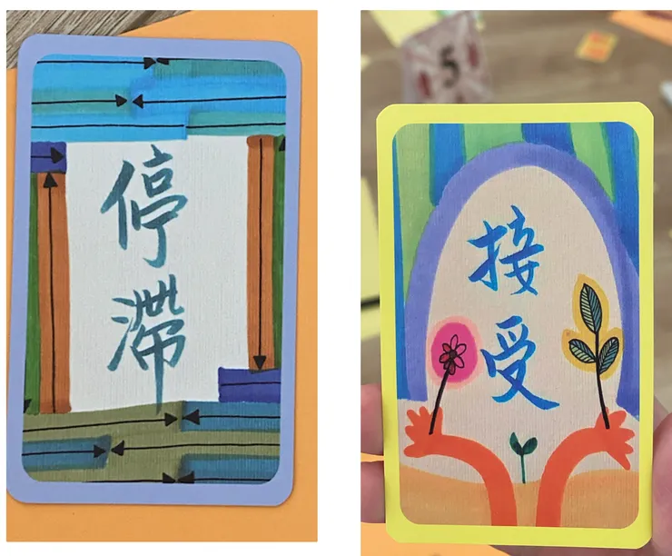 去年某次法鼓山的活動裡，我抽到停滯與接受牌，停滯的圖，畫了不同方向的力量正在推擠作用，不同於表面所見的無所動靜，頗有趣。接受牌則是當天的「祝福卡」：）