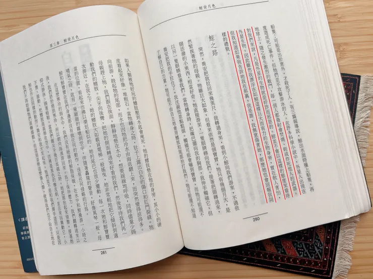 我的《鯨背月色》，很舊的版本，應該絕版了，季節風出版。（好學！這就是我說的蝙蝠與鯨，真的很好看啦）