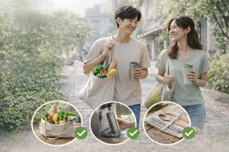 ▲從自備購物袋與環保杯做起，減少一次性塑膠與免洗餐具使用，讓減塑成為日常生活的一部分。(AI生成)