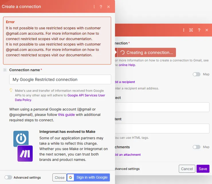 Make要連結Gmail產生錯誤