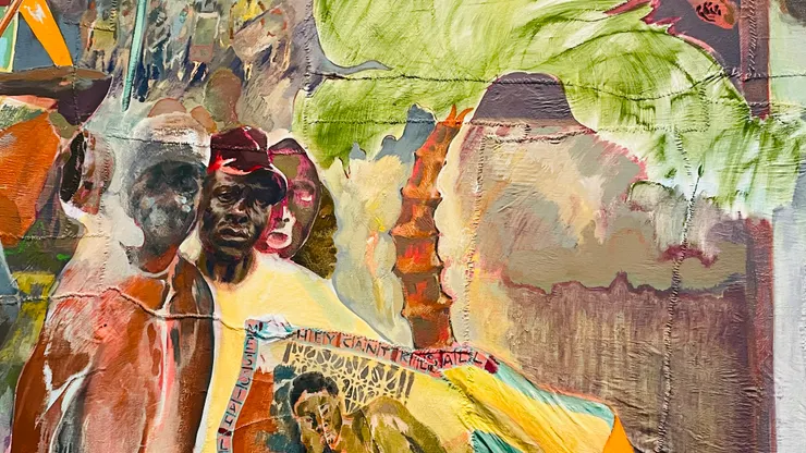 局部放大，可見畫布有樹皮的紋理