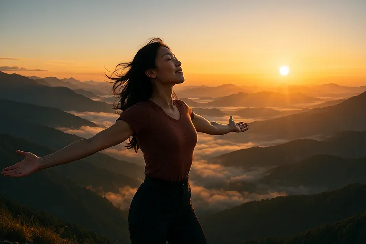 站在阿里山山巔,她雙手張開迎風,遠景是雲海與金黃日出,與自然相融合,象徵希望與覺醒,