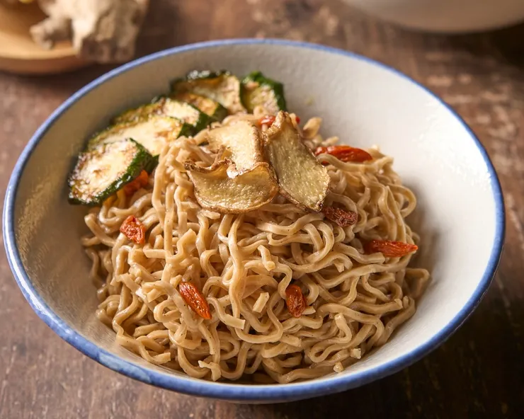 圖說：暖薑麻油捲麵，溫潤薑香搭配濃郁麻油，讓人倍感舒心，只要微波7分鐘就能上桌，茹素者、上班族都能快速輕鬆開吃。（資料來源：日日好食）