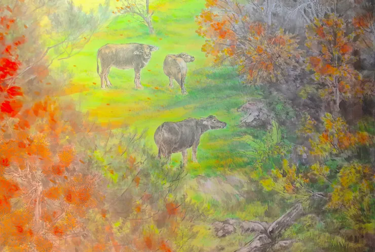 〈溪原散牧〉局部－水牛