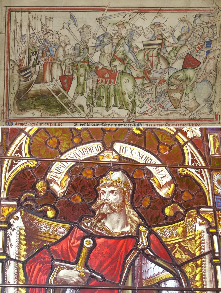 上圖為13世紀史學家「巴黎人」馬修（Matthew of Paris）繪製的插圖，哈拉爾三世（左邊持斧者）在約克擊敗諾森伯里亞的守軍；下圖是設德蘭群島勒威克（Lerwick, Shetland）市政廳彩繪玻璃上的哈拉爾三世肖像。