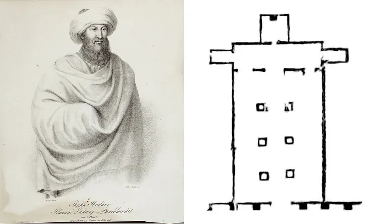 瑞士探險家布克哈特的阿拉伯裝扮,與他繪製的阿布辛貝小神廟配置圖