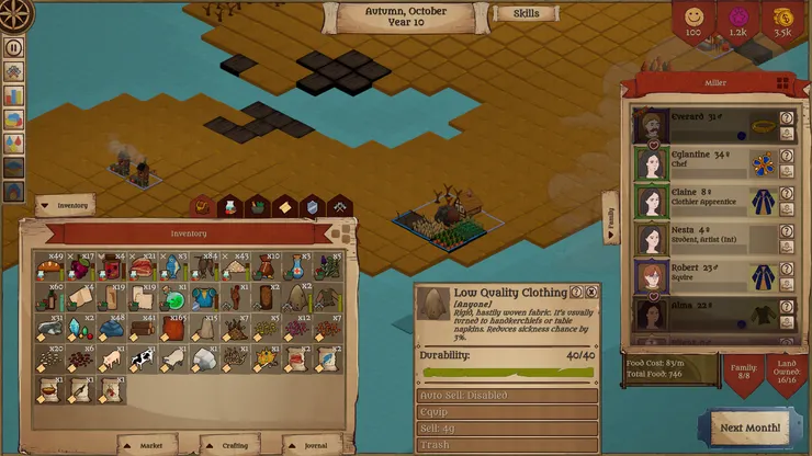 有一個工匠繼能解鎖要賣工藝品，像這種功能太低的破衣服就可以賣掉（木工／金工品有些建築需要，最好不要設自動賣）