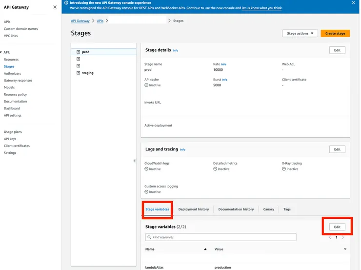 到相應的api gateway stage設定stage變數