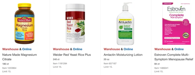 Nature Made 鎂劑 $23.49、Weide r紅麴 $16.99、Amlactin 乳酸身體乳液 $16.99、Estroven 緩解更年期補充劑 $22.99。