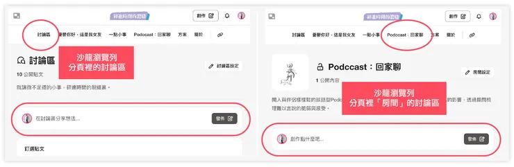 左圖「討論區」像是全校廣播；右圖「房間內的討論區」像是班導在教室佈達資訊。