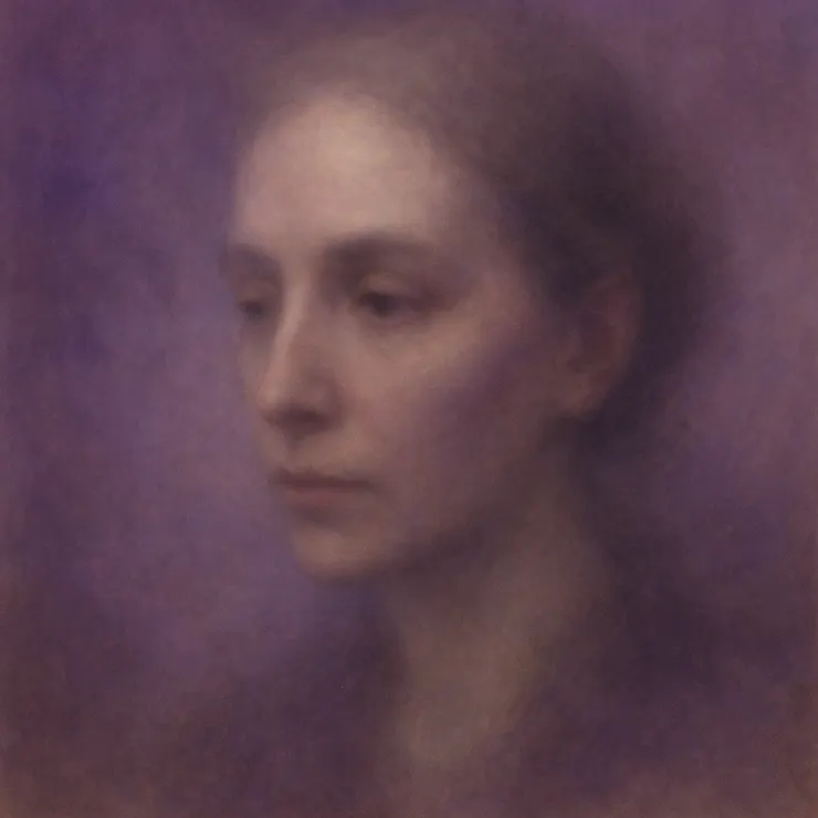a contemplative woman surrounded by translucent layers of fading text and violet mist. Her features are soft, almost dissolving into light. The mood is introspective, melancholic, and dreamlike — a visual evocation of erosion, mapping, and memory. Painterly texture, no visible text overlay, ambient depth and subtle light gradients.
