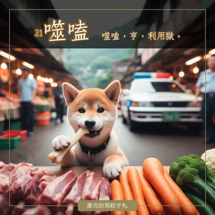 《 噬嗑卦》描寫在人來人往的菜市場裡，小狗從肉攤上叼了一根大骨頭，滿足地啃著，警察伯伯正慢慢靠近中，小心牢獄之災！