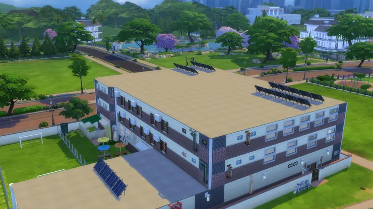 自由一貫的風格：不畫屋頂。加上哪有學校有個很漂亮的屋頂？我看過的都是平塌塌的。