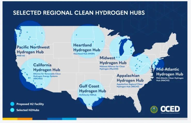 Map of Selected Regional Clean Hydrogen Hubs
