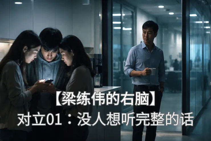 梁练伟在茶水间旁观同事看手机